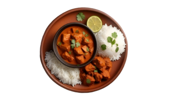 AI generated Mutton curry with rice in a clay plate - PNG