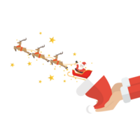 Santa claus with reindeer sleigh flying out of the santa hat png