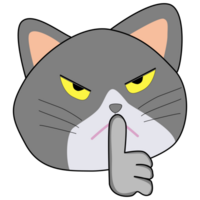 grey little cat character holding hand near mouth silence. Shhh symbol png