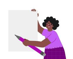 Vector illustration template with female character and copy space. Flat african american woman holds empty paper sheet, pencil. Poster for add education courses learning to draw at art school