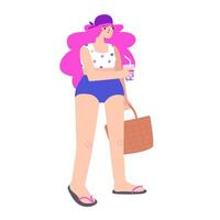 Vector isolated illustration with body positive female character in swim wear on the beach. Flat caucasian woman with pink hair holds coctail glass and bag. Summer vogue and tropical style
