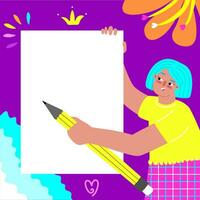 Vector colorful illustrated template with female character and copy space. Flat cartoon woman holds empty paper sheet and pen. Poster for add education courses or presentation. Creative mockup