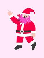 Vector illustration with flat character of american Santa Claus. Design of A4 poster, greeting card to wish Merry Christmas. New Year postcard in red, pink colors. Beard is decorated by candies