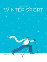 Vector isolated colorful illustration with male character in blue dress with text Winter Sport. Flat cartoon active man is skiing in cross country style. Greeting card with nordic skier