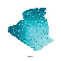 Vector isolated geometric illustration with simplified icy blue silhouette of Algeria map. Pixel art style for NFT template. Dotted logo with gradient texture for design on white background