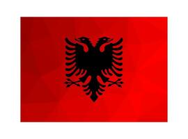 Vector isolated illustration. National Albanian flag with red background, black double headed eagle.  Official symbol of Albania. Creative design in low poly style with triangular shapes