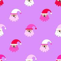 Vector seamless pattern with flat characters of american Santa Claus. Design for wrapping paper or greeting card to wish Merry Christmas. New Year postcard in red, pink colors with purple background