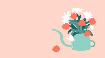 Vector botanical illustration with flower bouquet in water can. Flat tulips, chrysanthemums in pot created in pastel colors. Banner for International Mother Day with copy space. Orange background