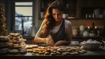 ai generado multy étnico hombre y mujer horneando, preparando festivo cena en moderno cocina con Navidad decoraciones foto