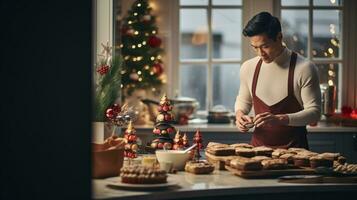 AI generated multy etjnic man and woman Baking, preparing festive dinner in modern kitchen with christmas decorations photo