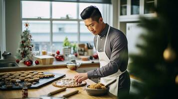 ai generado multy étnico hombre y mujer horneando, preparando festivo cena en moderno cocina con Navidad decoraciones foto