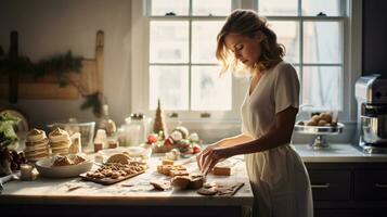 ai generado multy étnico hombre y mujer horneando, preparando festivo cena en moderno cocina con Navidad decoraciones foto