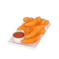 fast food menu 3d clipart, Set of Crispy Chicken Tenders served with dipping tomato sauce png