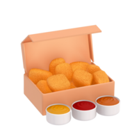 schnell Essen Speisekarte 3d Clip Art, einstellen von knusprig Hähnchen Nuggets Box mit ein Vielfalt von Eintauchen Saucen png