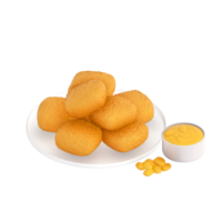 schnell Essen Speisekarte 3d Clip Art, einstellen von gebraten Mais Nuggets serviert mit ein Seite von Honig Senf png