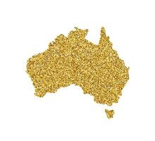 Vector isolated illustration with simplified Australia map. Decorated by shiny gold glitter texture. New Year and Christmas holidays' decoration for greeting card.