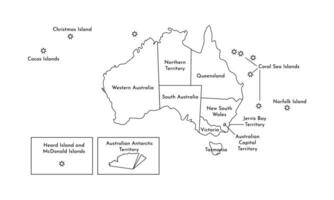 Vector isolated illustration of simplified administrative map of Australia. Borders and names of the regions. Black line silhouettes.