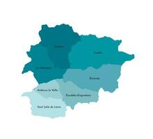 Vector isolated illustration of simplified administrative map of Andorra. Borders and names of the parishes, regions. Colorful blue khaki silhouettes