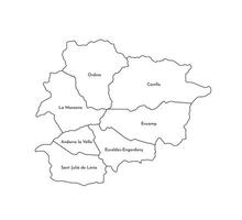 Vector isolated illustration of simplified administrative map of Andorra. Borders and names of the parishes, regions. Black line silhouettes.