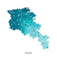 Vector isolated geometric illustration with simplified icy blue silhouette of Armenia map. Pixel art style for NFT template. Dotted logo with gradient texture for design on white background