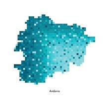 Vector isolated geometric illustration with simplified icy blue silhouette of Andorra map. Pixel art style for NFT template. Dotted logo with gradient texture for design on white background