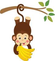 Greedy monkey hanging from the tree branch holding a bunch of bananas vector