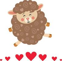 Funny brown sheep jumping on top of hearts vector