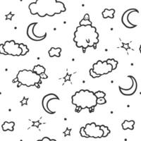 Doodle sleepy night pattern with sheep, moon, clouds, stars. Cute baby seamless background, texture for textile, banner, apparel vector