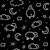 Doodle sleepy night pattern with sheep, moon, clouds, stars. Cute baby seamless background, texture for textile, banner, apparel vector