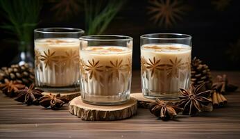 Christmas milk drink with spices, eggnog, in glass glasses, holiday mood. AI generated. photo