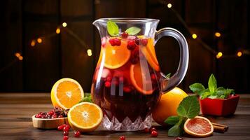 Christmas sangria in a glass jug, with orange slices and berries. AI generated. photo
