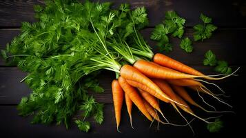 AI generated Bunch of fresh carrots on a wooden background. AI generated. photo