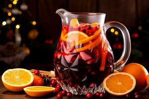 Christmas sangria in a glass jug, with orange slices and berries. AI generated. photo