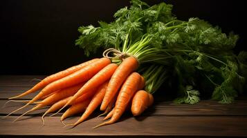 ai generado manojo de Fresco zanahorias en un de madera antecedentes. ai generado. foto