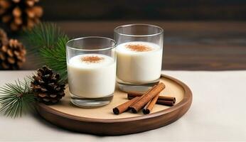 Christmas milk drink with spices, eggnog, in glass glasses, holiday mood. AI generated. photo