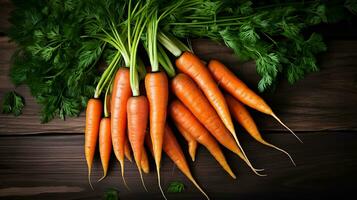 AI generated Bunch of fresh carrots on a wooden background. AI generated. photo