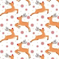 Pattern with deer. Running Christmas reindeer with snowflakes in flat style. Rudolph the reindeer. vector