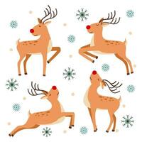 Set of vector illustrations of deer. Christmas deer in flat style on a white background with snowflakes. Rudolph the reindeer.