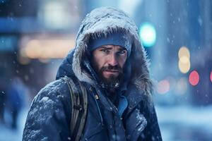 un triste hombre soportes en un calle en invierno en un azul lunes. ai generado. foto