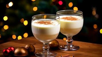 Christmas milk drink with spices, eggnog, in glass glasses, holiday mood. AI generated. photo