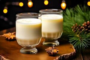 Christmas milk drink with spices, eggnog, in glass glasses, holiday mood. AI generated. photo