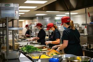 un montón de personas trabajando en un profesional cocina. ai generativo foto