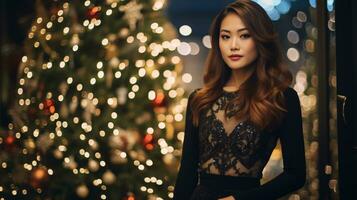 ai generado glamour Disparo de hermosa modelos de diferente etnia con un Navidad árbol y bokeh luces foto
