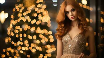 ai generado glamour Disparo de hermosa modelos de diferente etnia con un Navidad árbol y bokeh luces foto