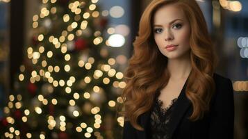 ai generado glamour Disparo de hermosa modelos de diferente etnia con un Navidad árbol y bokeh luces foto