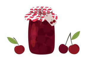 Cherry jam in glass jar and fresh berry. Homemade sweet food. Cherries and jam in jar. Vector flat illustration.