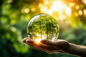 Green future of Earth and our ecological footprint in a glass sphere. AI generative photo