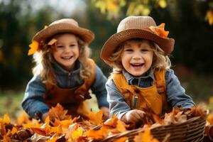 Happy kids playing with autumn leaves. AI generative photo