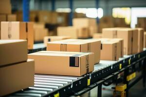 Conveyor belt close up with many boxes passing. AI generative photo
