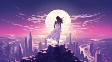 AI generated A girl in a white dress stands on the background of a remote evening city in anime style. Top view photo